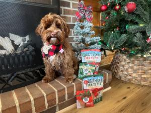 Dog at home by Christmas tree with Farm to Pet Treats