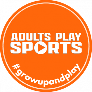 Round orange circle with Adults Play Sports in the middle, with a "play button" symbol in center of the 'O'. Tagline of #growupandplay at bottom of circle.