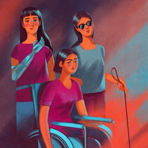 The image is an illustration of three young white women, one is in a wheel chair, standing behind her is a blind woman with sunglasses and a walking stick, and another woman with a prosthetic arm