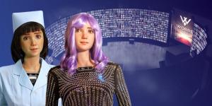 This image depicts the hosts to Interstellar Soiree, Grace and Desi the Robots