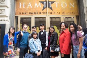 Students gather excitedly outside the theater, ready for their immersive experience provided by Hamilton and The Gilder Lehrman Institute of American History