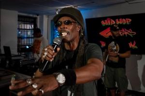 A photo of a performer at the 50th Anniversary celebration of Hip Hop at the Birthplace of Hip Hop.