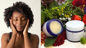 woman holding her face on the left, and a jar of Smooth surrounded by Botanicals on the right