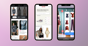3 pictures of phone showing different AI Integrations in Online Shopping, google lens, Redfynd, and Virtual Trial Room
