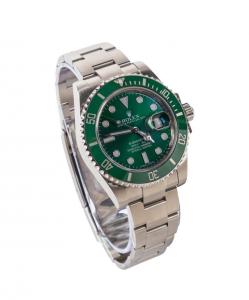 Never-worn 2019 Rolex Oyster Perpetual Date Submariner “Hulk” wristwatch, stainless steel, with a sapphire crystal, date window, luminous hour markers, and Oyster link bracelet ($24,805).