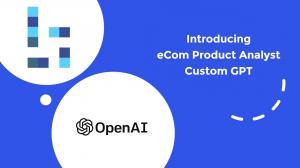 Images of Baresquare and OpenAI logos on a blue background with text "eCom Product Analyst Custom GPT"