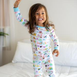 Hawaiʻi Kine ABCs Long Bamboo Children's Pajama Set featuring all 26 letters of the English alphabet with a feature related to Hawaiʻi associated with each word.