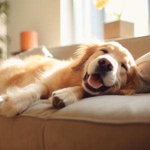 A dog lounging on the couch with a big smile