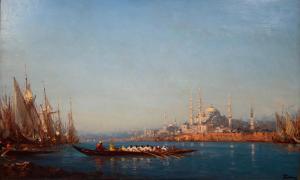 Oil on cradled mahogany panel by Felix Ziem (French, 1821-1911), titled Sultan’s Caique at Constantinople, the panel (less frame) 20 inches by 32 ¼ inches, artist signed ($39,975).