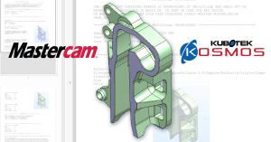 Graphical illustration showing Mastercam & Kubotek Kosmos logos with 3d model of aerospace component