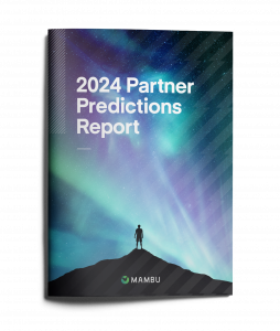 Cover image of Mambu's 2024 Partner Predictions report featuring a figure in silhouette standing atop a mountain