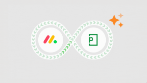 The native integration of monday.com and PageProof is represented by an infinity symbol looping around the logos.