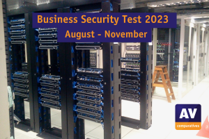 View of a large server room with two stacking shelves on the left-hand side at the front and further servers behind them in glass boxes. In between is a low wooden ladder. The title Business Security Test August-November 2023 and the AV-Comparatives logo