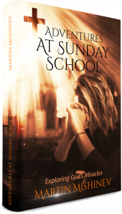 A 3D mockup of 'Adventures at Sunday School' book standing upright with the cover facing forward, highlighting the title and the inspirational cover design.