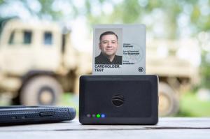 Wireless Mobile Reader with card and photo inserted standing up