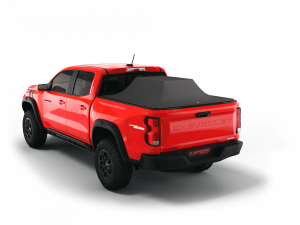 Red Chevy Colorado with expanded Sawtooth Tonneau