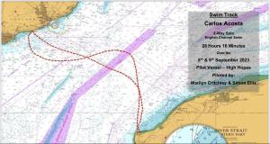 Esta imagen muestra el trayecto del nado registrado con GPS y representada en la carta náutica del Canal de la Mancha.