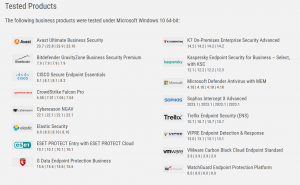 A list and 16 vendors, logos and version numbers for each of the four months, tested in Business Security Test 2023 (August-November)