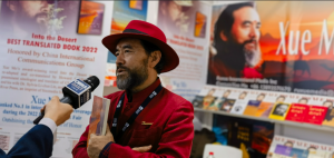 Xue Mo doing an Interview at London Book Fair 2023
