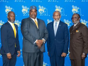 From left to right: Allen University Athletic Director Jasher Cox, Football Coach Cedrick Pearl, Allen University President Dr. Ernest McNealey and Allen University Chair of the Board, Bishop Samuel Greene