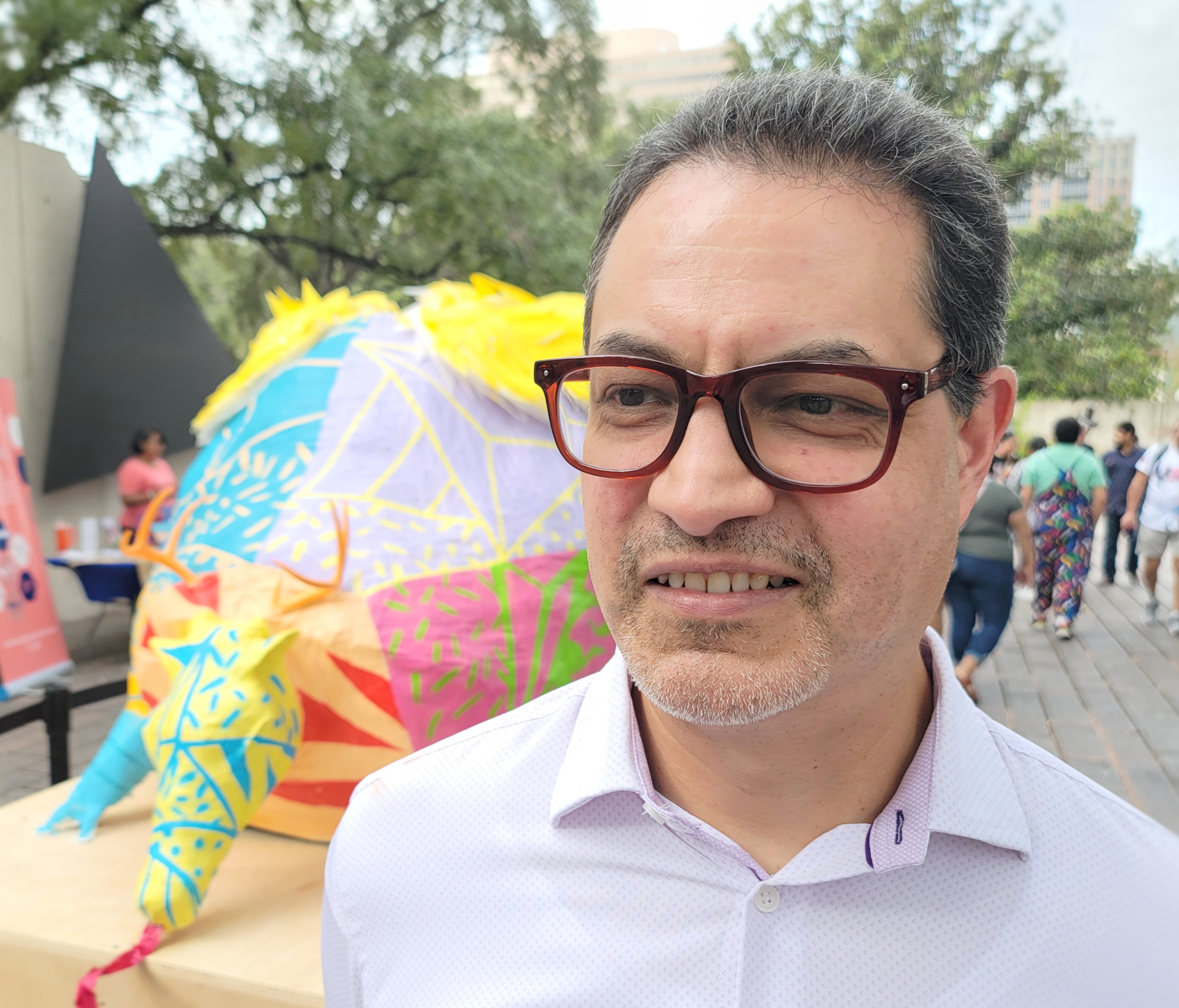 Carlos Duarte, new president of the arts and culture nonprofit ALMAAHH, at the Museum of Fine Arts Houston’s Dream with Alebrijes festival 2023.