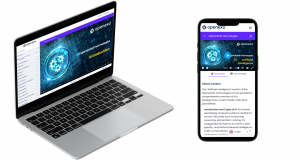 A laptop and smartphone display the OpenExO Exponential Technologies course. The laptop screen shows the course introduction with a futuristic gear icon, while the smartphone displays a lesson on Artificial Intelligence with options for an overview and co