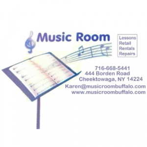 Logo is music stand with music notes floating out from the sheet music, demographic information included