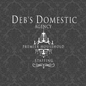 Logo of Deb's Domestic Agency featuring elegant chandelier graphic with text 'Premier Household Staffing' on a decorative grey damask background