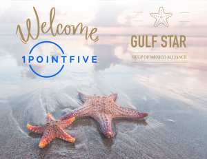 two sea stars on a beach with Welcome and the Gulf Star and 1.5 logos