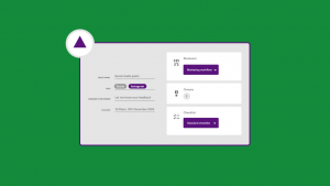 An illustration of proof template for social media posts with purple triangle in corner, marketing workflow, checklist, tags etc