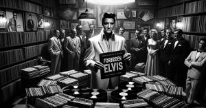 Black and white image depicting a stylized Elvis Presley standing in a vintage record store, holding an album with 'Forbidden Elvis' text on it. He is surrounded by an adoring crowd, with walls adorned by records and Elvis portraits. The scene evokes a no