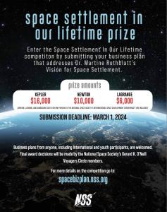 NATIONAL SPACE SOCIETY ACCEPTING ENTRIES FOR THE ROTHBLATT SPACE SETTLEMENT COMPETITION
