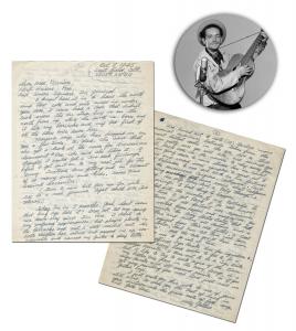 Two-page autograph letter signed by the legendary folk singer Woody Guthrie to his Army friends in October 1945, discussing “personal experience ballads” that he had just written (est. $8,000-$9,000).