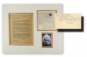 Handsome Albert Einstein display featuring a signed typed card in English, addressed to a former psychiatric social worker and signed by the renowned physicist (est. $6,000-$7,000).