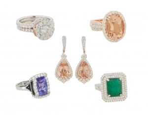 Ladies’ rings and other jewelry, boasting diamonds, sapphires, rubies, tanzanites and emeralds.