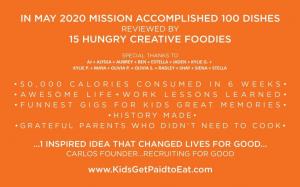 In March 2020, yes during pandemic Recruiting for Good launched The Sweetest Foodie Gig; 'Kids Get Paid to Eat.' In 3 months kids reviewed the top 100 2020 dishes in LA www.KidsGetPaidtoEat.com