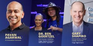 This image depicts three named honorees for Interstellar Soiree 2024, on the left is Pavan Agarwal, the AI Innovation Honoree; in the center is Dr. Ben Goertzel, the AGI Pioneer Honoree; and on the right is Gary Shapiro, the Extraordinary Global Leader Ho