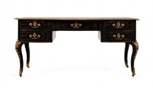 French Regence ebonized bureau plat (flat-topped writing table with drawers to the frieze), circa 1725, boasting a rectangular top centering a red Moroccan leather writing surface (est. $10,000-$20,000).