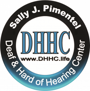 black and blue circle logo with the words Sally J. Pimentel Deaf & Hard of Hearing Center