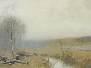 Landscape painting by Bruce Crane (Conn./N.Y., 1857-1937), “a fresh find” and “the perfect study, a misty fall morning” according to Kevin Bruneau (est. $2,000-$3,000).