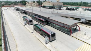 Buses at a charging station in Peshawar.