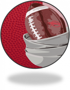 Souper Bowl of Caring LIVE logo--football sitting in empty soup bowls with Sports Philanthropy Network mascot SPORTe emblazoned on football