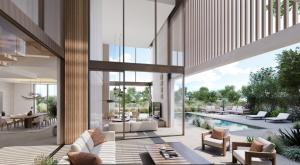 Living area with large windows looking at the swimming pool and natural light