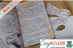 Cosykiller box one, with letter from the heir hunter, a burned journal, and cipher