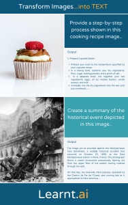 The image is a promotional poster for Learnt.ai, illustrating their service that converts images into descriptive text. The poster is divided into two sections, each demonstrating a different functionality of the AI service. In the top section, there's a