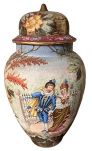 Lovely signed Royal Bonn caped urn in a tapestry pattern, 18 inches tall (est. $1,500-$2,500).