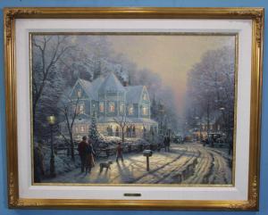 Oil on canvas painting titled A Holiday Gathering, personally signed by Thomas Kinkade and measuring 34 inches by 42 inches (est. $3,500-$7,000).