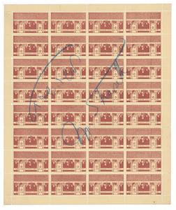 Lot #327 is a full sheet of Jewish National Fund labels, signed in Hebrew and English by Moshe Sharett (1894-1965), who served as the second Prime Minister of Israel (est. $200-$250).