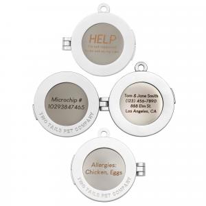 The new Pet ID Tag Locket in silver by Two Tails Pet Company.