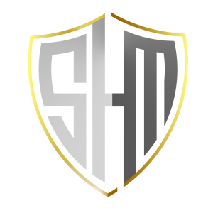 Company logo using initials SHM to make up the shield's body with silver and a gold lining